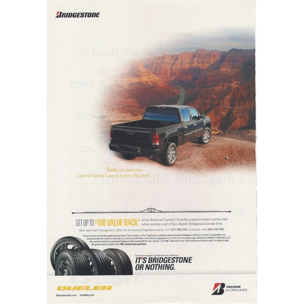 2010 Bridgestone Dueler Tire Full Page Print Ad Original Truck in Grand Canyon